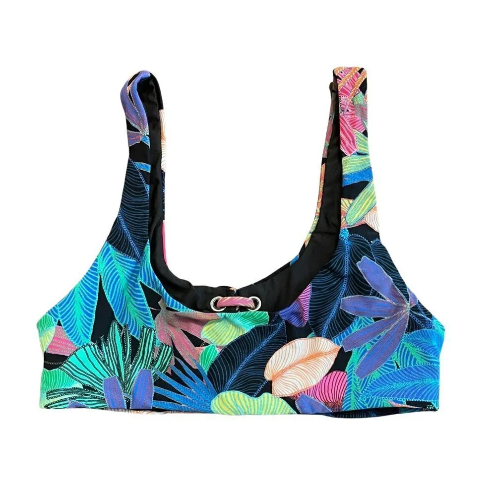 NEW PilyQ Black Neon Floral Lace Up Bikini Top Sz. S